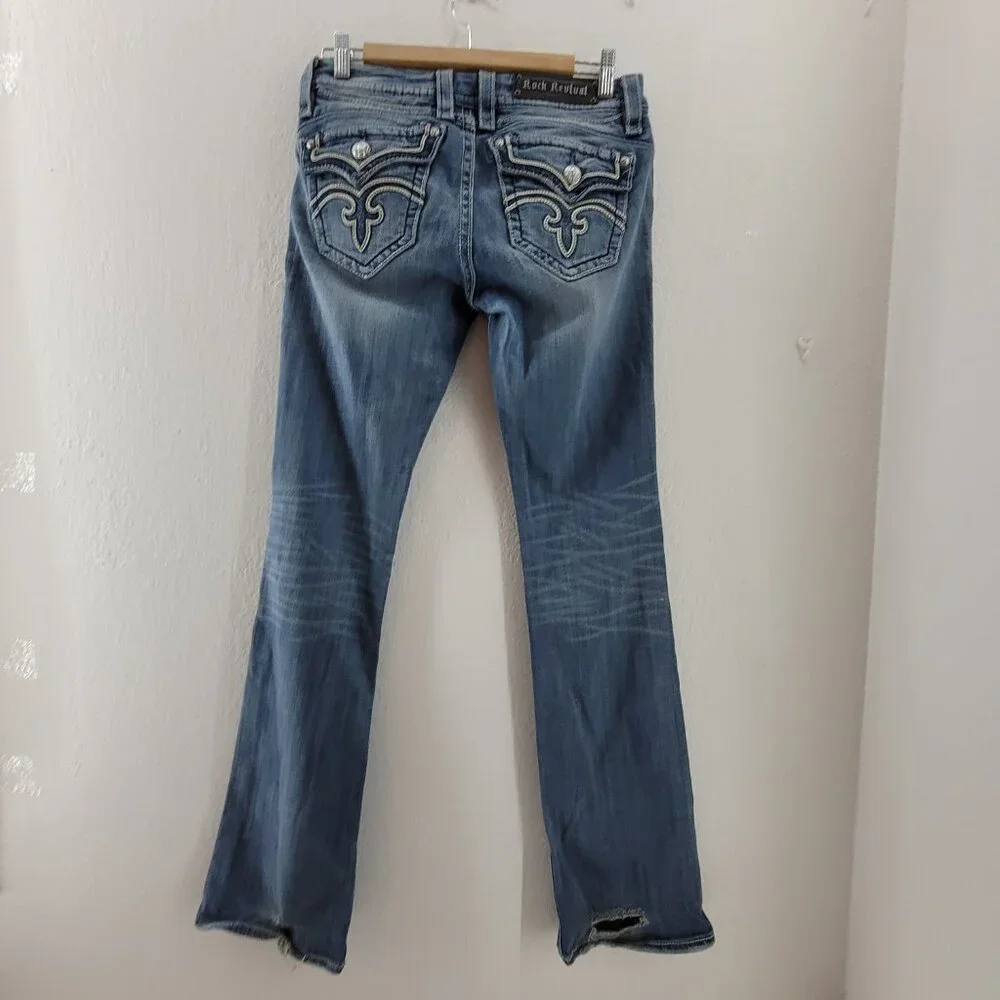 Rock Revival Jeans Women's 29 Blue Anja Boot 30x34.25" Stretch Worn Hems - Picture 2 of 16